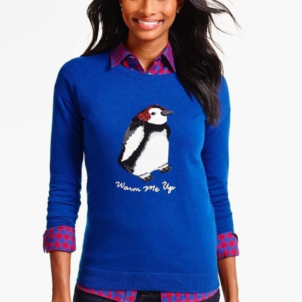 Talbots Blue Tinsel Penguin Intarsia  Sweater‎